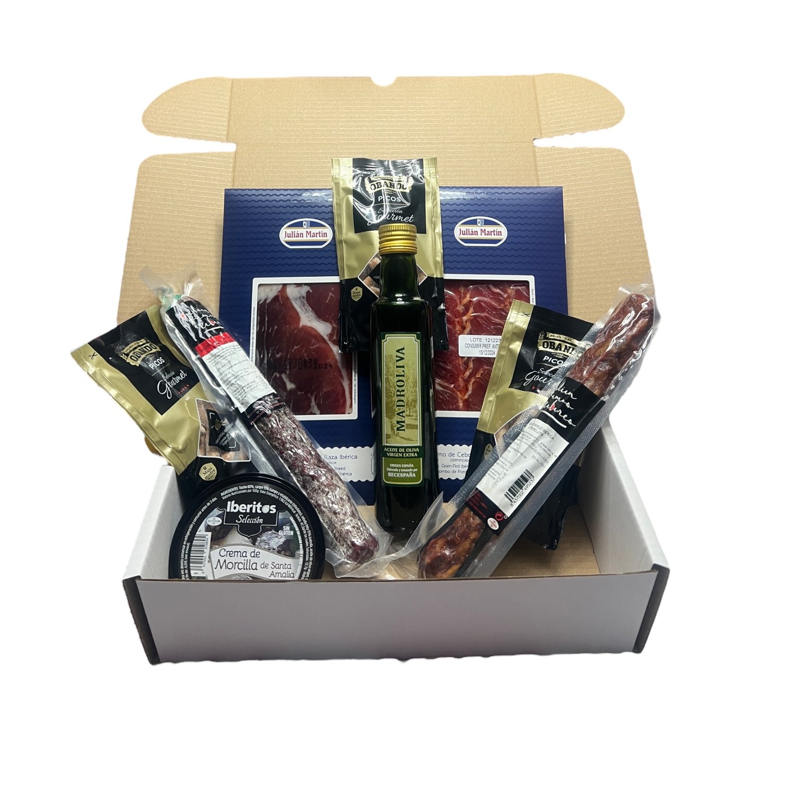 Cesta Gourmet para Regalar | Lote Regalo Embutidos Ibéricos | Jamón, Caña de lomo, Salchichón y Chorizo Ibérico de bellota, Aceite de Oliva Virgen Extra, y Picos Rústicos Obando,