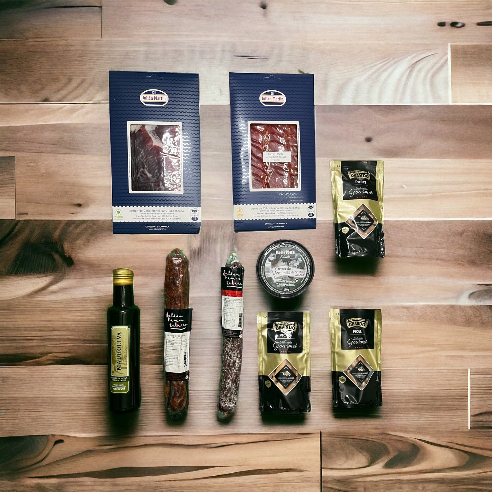 Cesta Gourmet para Regalar | Lote Regalo Embutidos Ibéricos | Jamón, Caña de lomo, Salchichón y Chorizo Ibérico de bellota, Aceite de Oliva Virgen Extra, y Picos Rústicos Obando, - Imagen 2