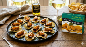 Aperitivo gourmet de patatas chips con mejillones en escabeche gigantes de la Ría de Santoña de Ibéricos Vemosa.